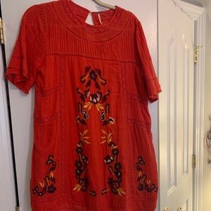 Free People Red Short Sleeved Embroidered Dress